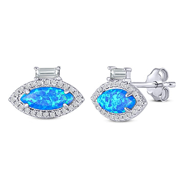 Halo Marquise Art Deco Stud Earring Lab Created Blue Opal 925 Sterling Silver (10.9mm)